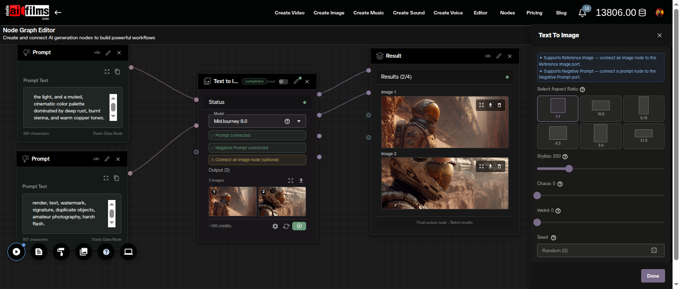 Nodes Graph Editor in AI FILMS Studio showing a Midjourney 8.0 workflow with Prompt, Text to Image, and Image Viewer nodes connected