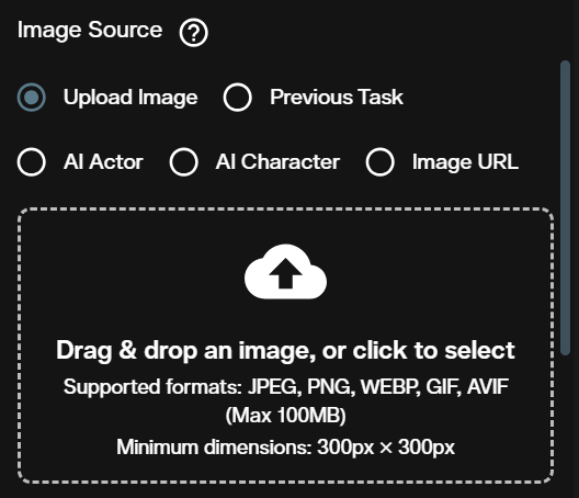 Image Source section with Upload Image, Previous Task, AI Actor, AI Character and Image URL options