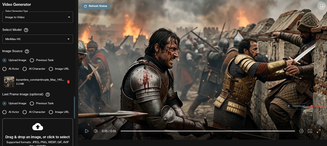 MiniMax H3 image to video interface with Image Source and Last Frame sections on AI FILMS Studio