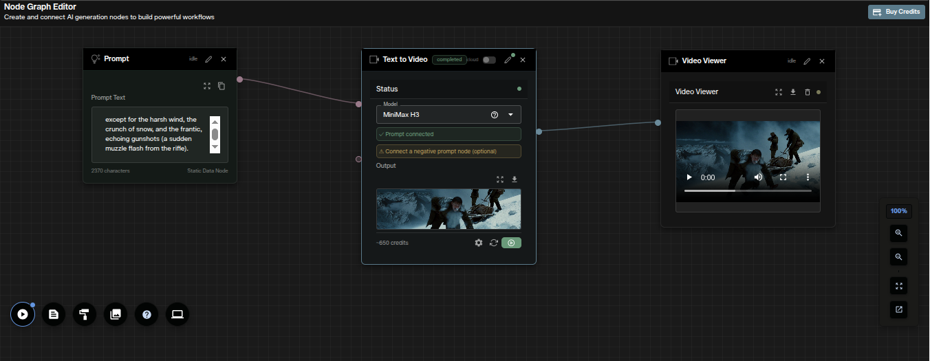 MiniMax H3 text to video node workflow connecting Prompt, Text to Video and Video Viewer