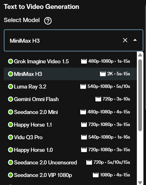Model dropdown showing MiniMax H3 at 2K and 5 to 15 seconds in the AI FILMS Studio workspace