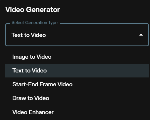 Select Generation Type dropdown showing Text to Video in the AI FILMS Studio video workspace