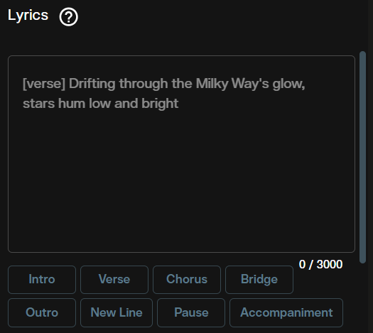 Lyrics field with Intro, Verse, Chorus, Bridge, Outro, New Line, Pause and Accompaniment buttons