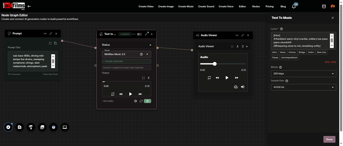 Nodes Graph Editor with a Prompt node connected to a Text To Music node and an Audio Viewer node