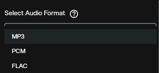 Select Audio Format dropdown showing MP3, PCM and FLAC options