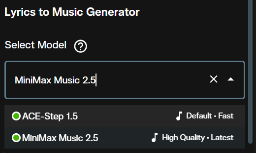 Model picker showing ACE-Step 1.5 and MiniMax Music 2.5 in the Lyrics to Music Generator