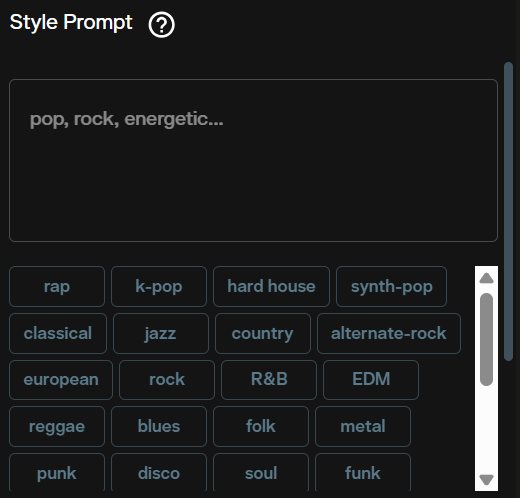 Style Prompt field with genre tag buttons including rap, k-pop, hard house and synth-pop