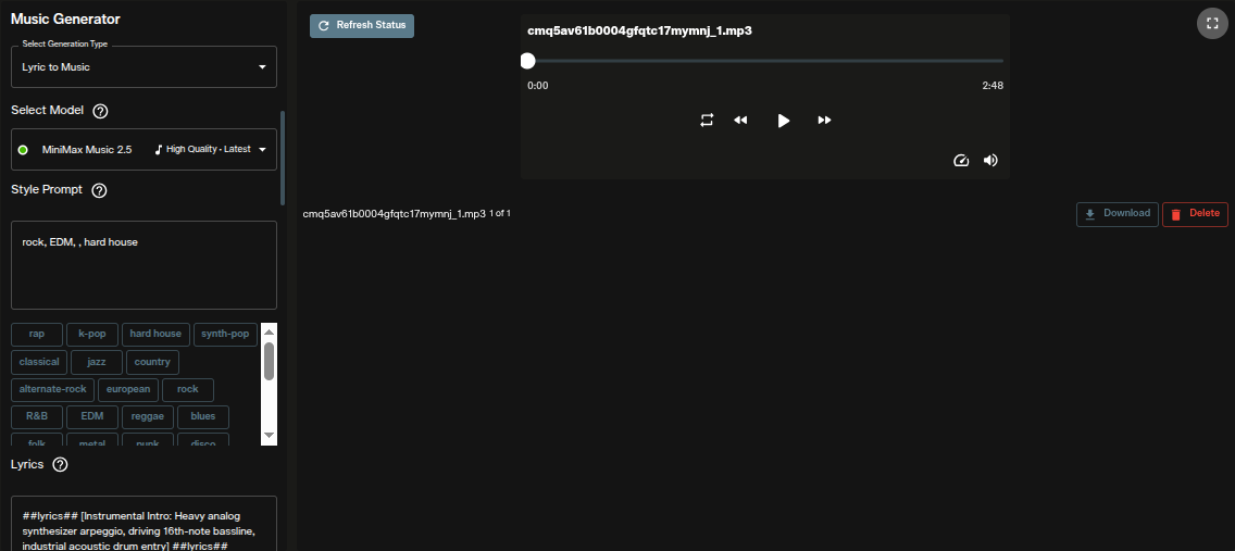 AI FILMS Studio Music Generator with Lyric to Music selected and MiniMax Music 2.5 as the model