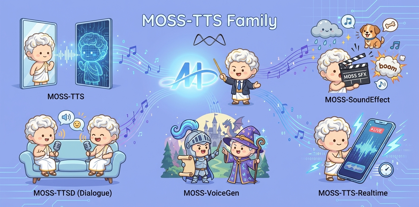 MOSS-TTS model family diagram showing MOSS-SoundEffect alongside related audio generation models from the OpenMOSS Team