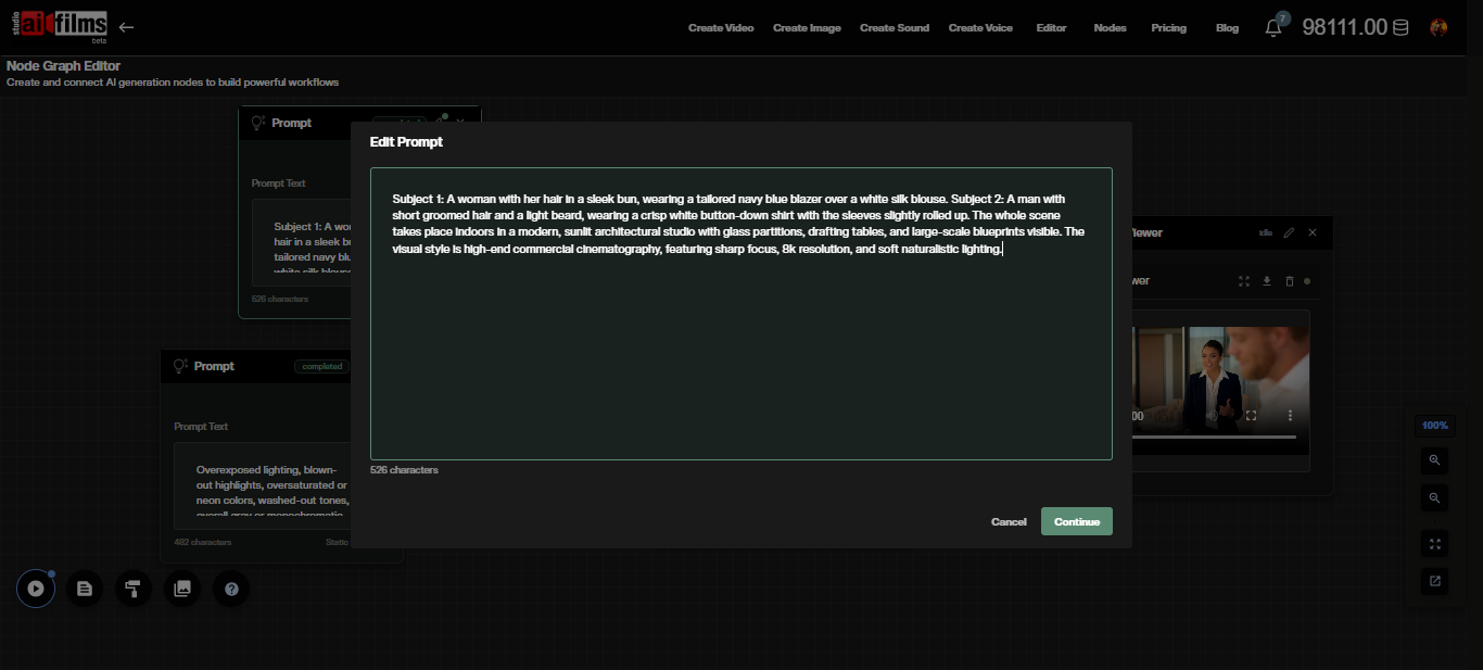 Node graph showing MultiShotMaster text to video node with prompt input section configured