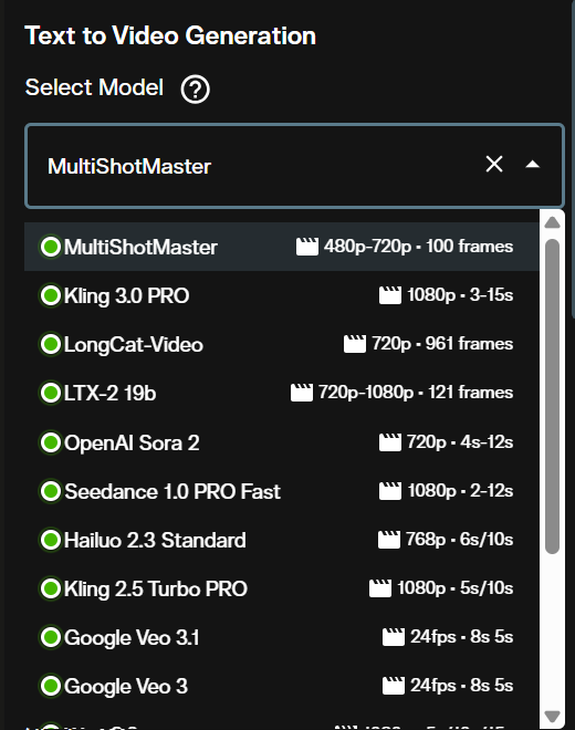 MultiShotMaster selected in the model selection dropdown of the video generation interface on AI FILMS Studio