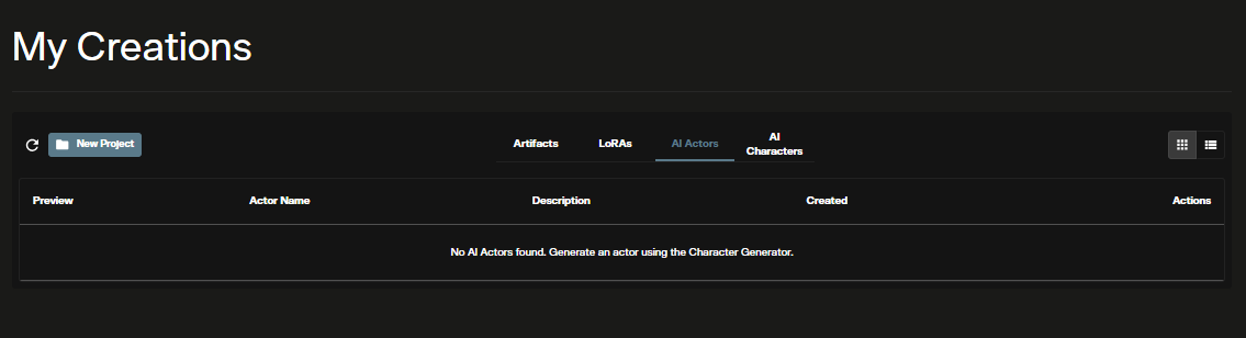 AI Actors section in My Content showing the actor library database in AI FILMS Studio
