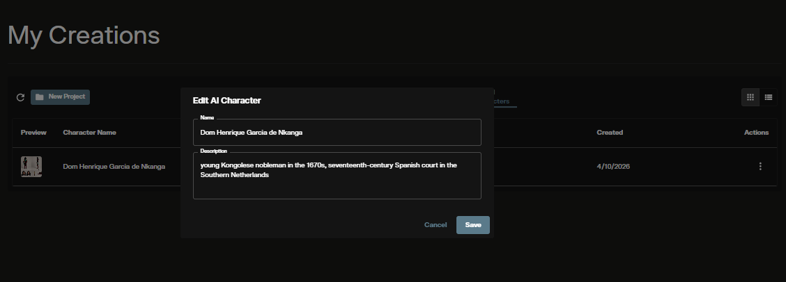 Edit AI character file options in the My Content section before saving