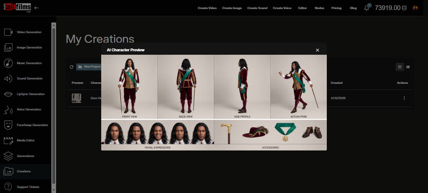 AI character image preview in the My Content section of AI FILMS Studio