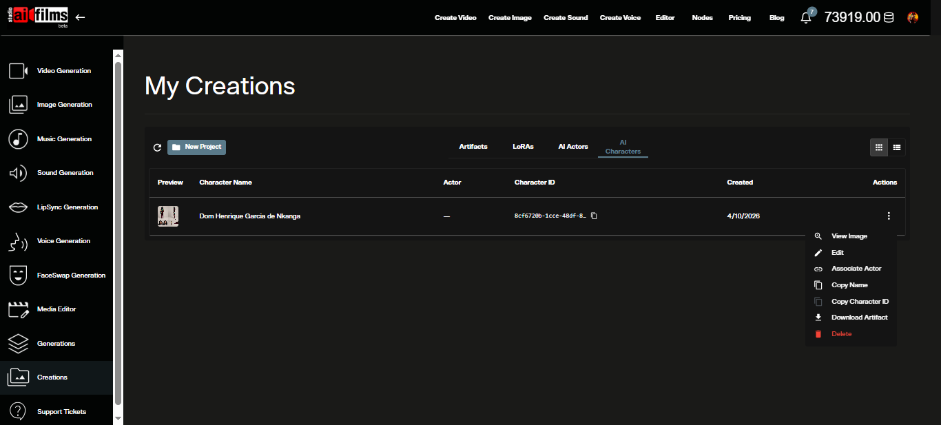 AI Characters file list with file options in the My Content section of AI FILMS Studio