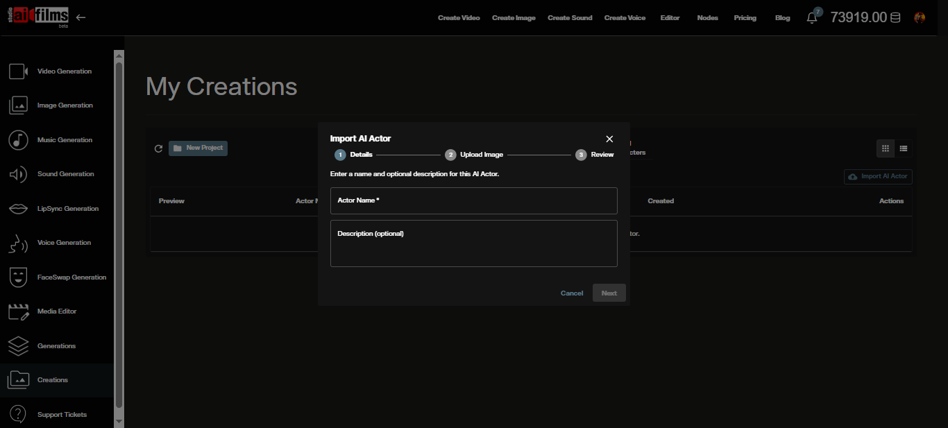 Import AI actor file workflow in the My Content section of AI FILMS Studio