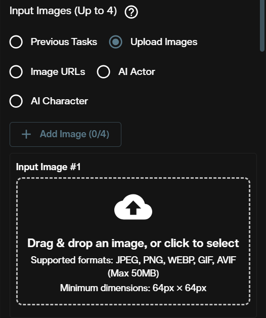 Input images upload area in AI FILMS Studio for Nano Banana 2 Lite image-to-image generation showing drag and drop zone