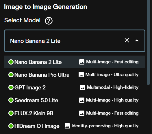 AI FILMS Studio model dropdown showing Nano Banana 2 Lite image-to-image variant selected