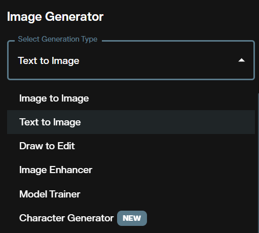 Generation type selector in AI FILMS Studio image workspace showing Text to Image and Image to Image options