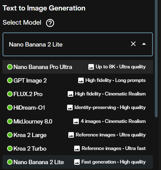 AI FILMS Studio model dropdown showing Nano Banana 2 Lite selected in the text-to-image workspace