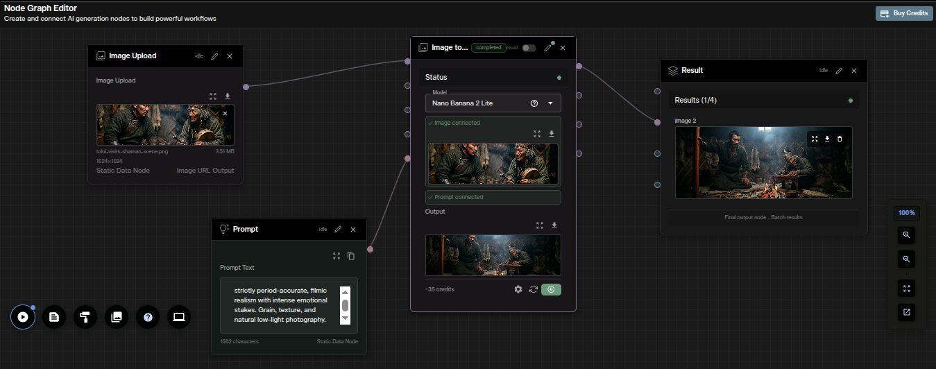 Nano Banana 2 Lite image-to-image workflow in AI FILMS Studio Nodes Graph Editor showing Image, Prompt, Image to Image, and Image Viewer nodes connected