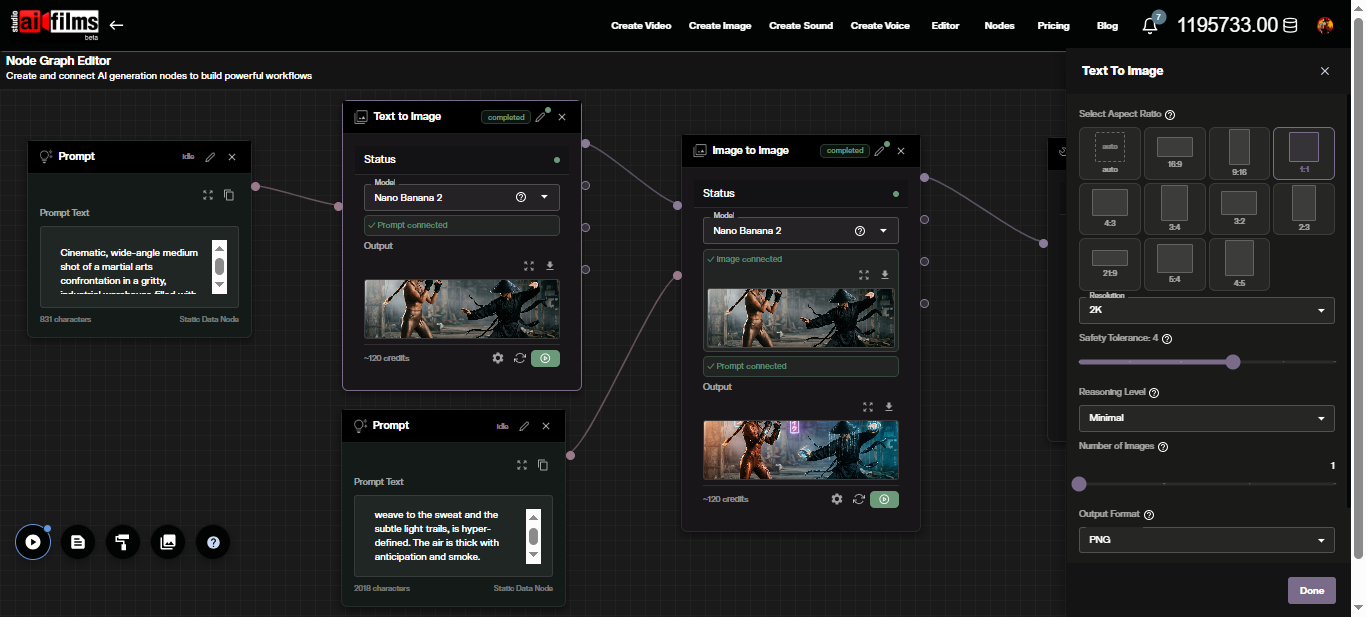 Nano Banana Pro 2 image-to-image node graph editor showing the options panel with parameters including reasoning level, resolution, aspect ratio, and web search toggle