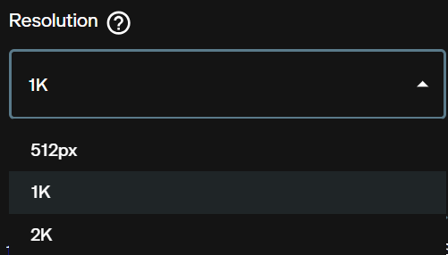 Resolution dropdown for Nano Banana Pro 2 image-to-image showing 512px, 1K, and 2K options