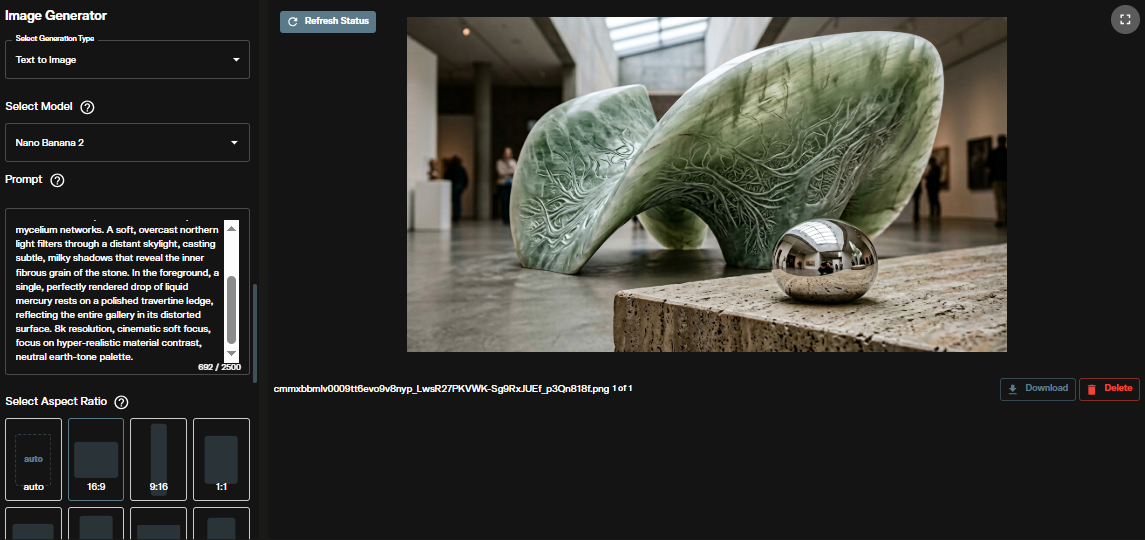 Nano Banana Pro 2 text-to-image generation workspace interface in AI FILMS Studio showing the Image Generator panel and output area