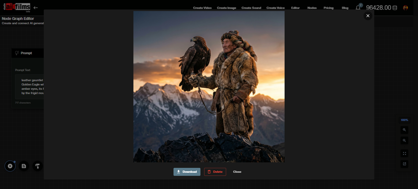 Nano Banana Pro 2 node graph editor showing a completed image output in the Image Viewer node with a hawk and armored figure in a mountain landscape