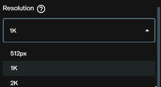 Resolution dropdown for Nano Banana Pro 2 showing 512px, 1K, and 2K options with 1K selected
