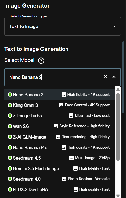 AI FILMS Studio model selection dropdown showing Nano Banana 2 selected with descriptor High fidelity 4K support, alongside other models including Nano Banana Pro