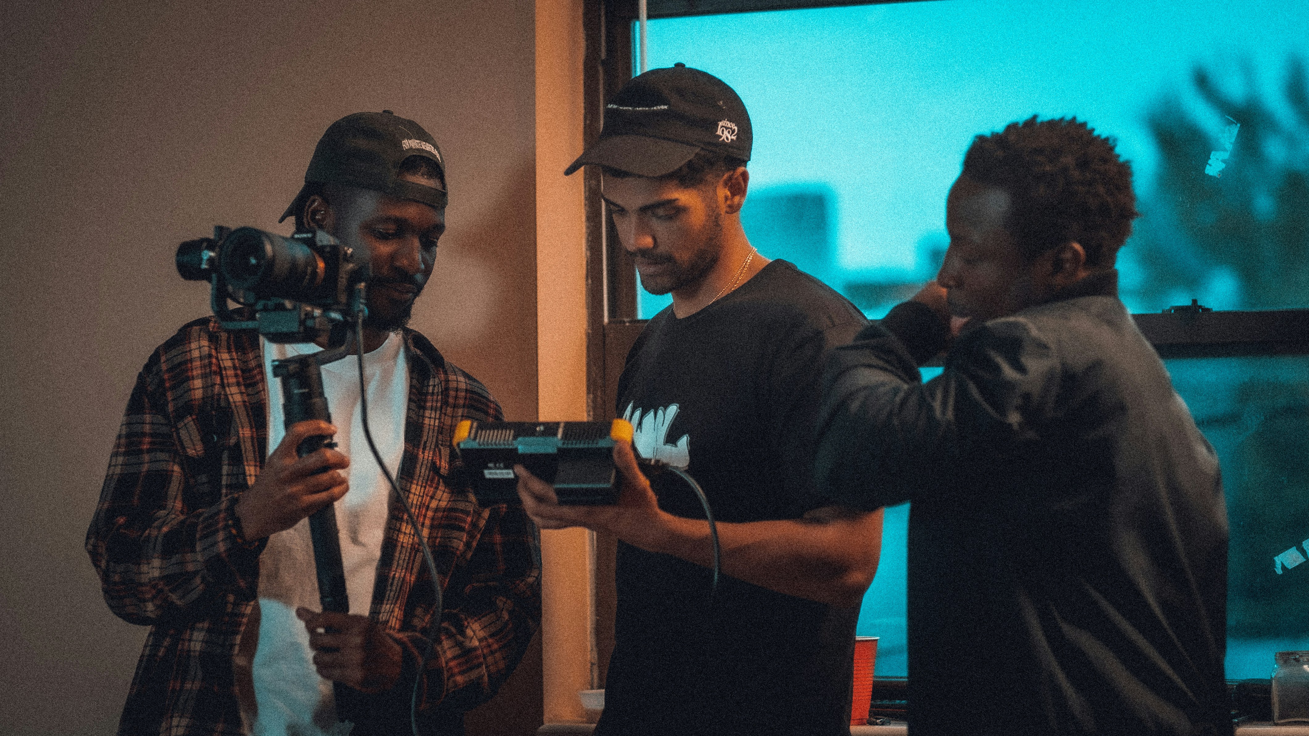 Independent film production behind the scenes showing director and cinematographer