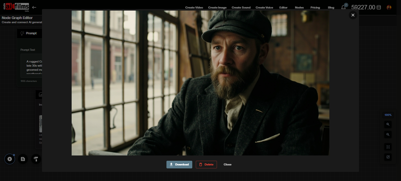 Character generation output images displayed in the AI FILMS Studio Node Graph Editor