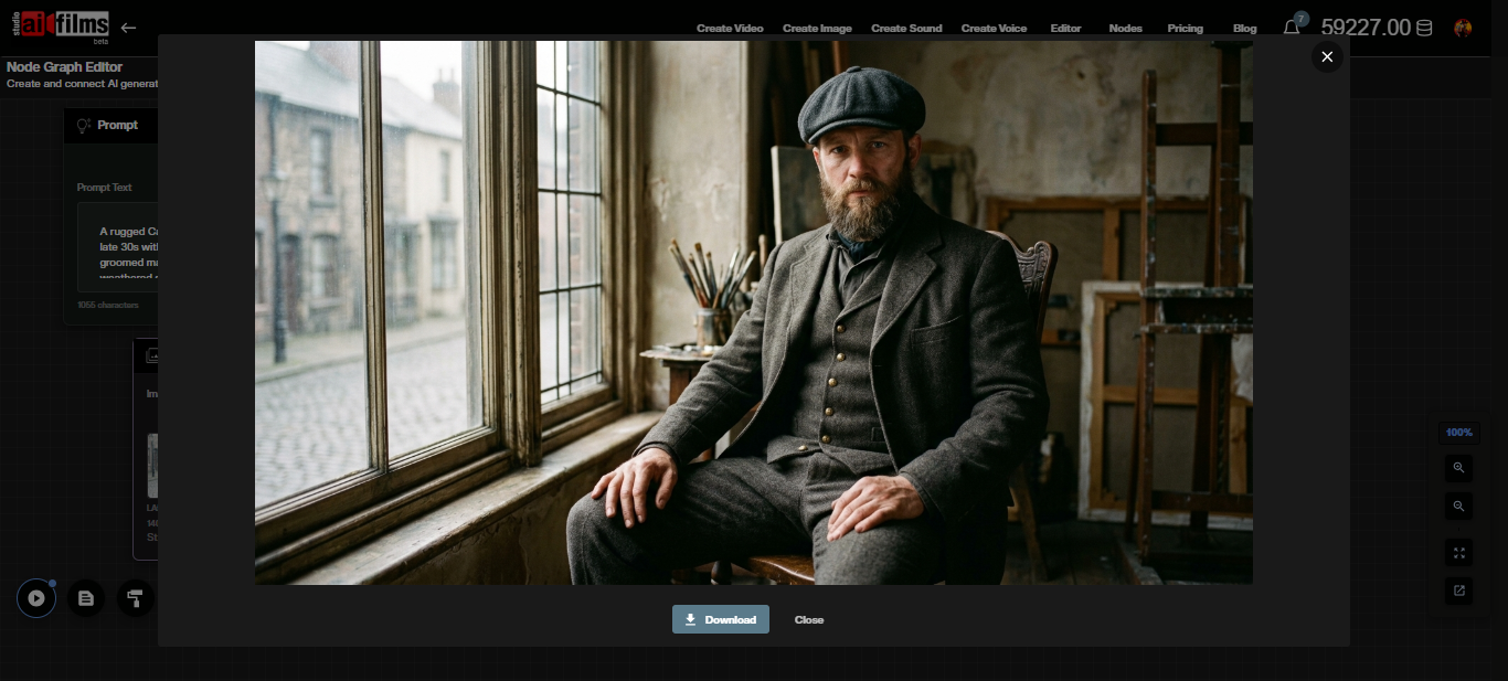 Reference image connected to the Character Generation node in the AI FILMS Studio Node Graph Editor