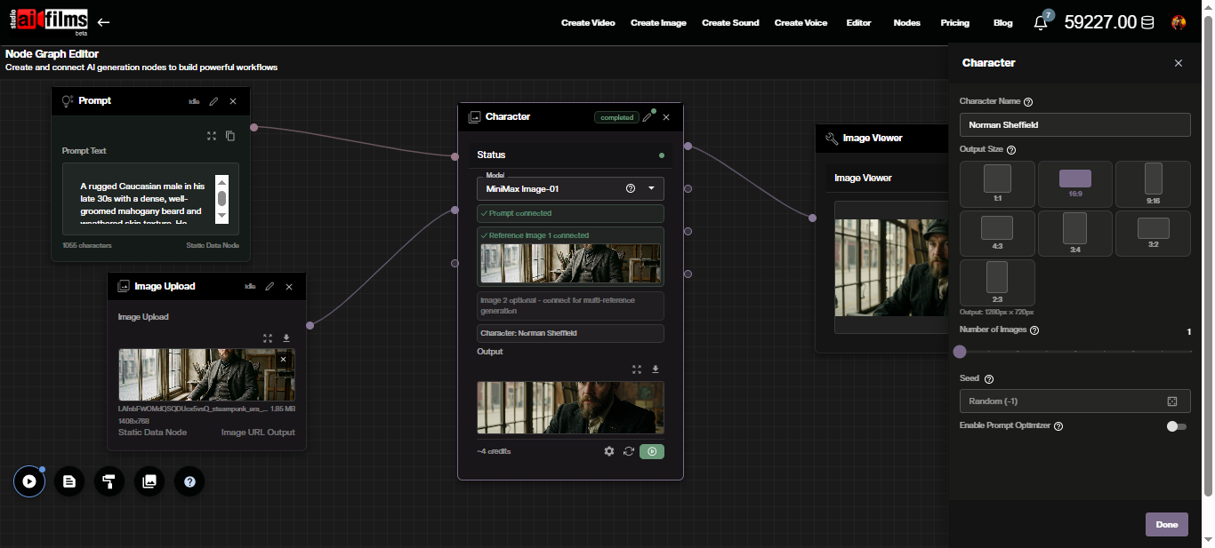 Character Generation node settings panel open in the AI FILMS Studio Node Graph Editor