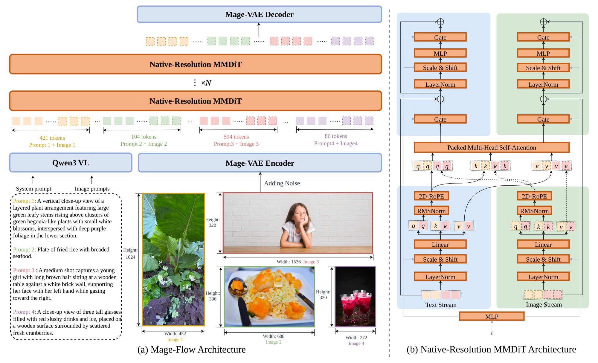 Native Resolution MMDiT architecture diagram from the Mage-Flow paper showing how the model processes images at native aspect ratios