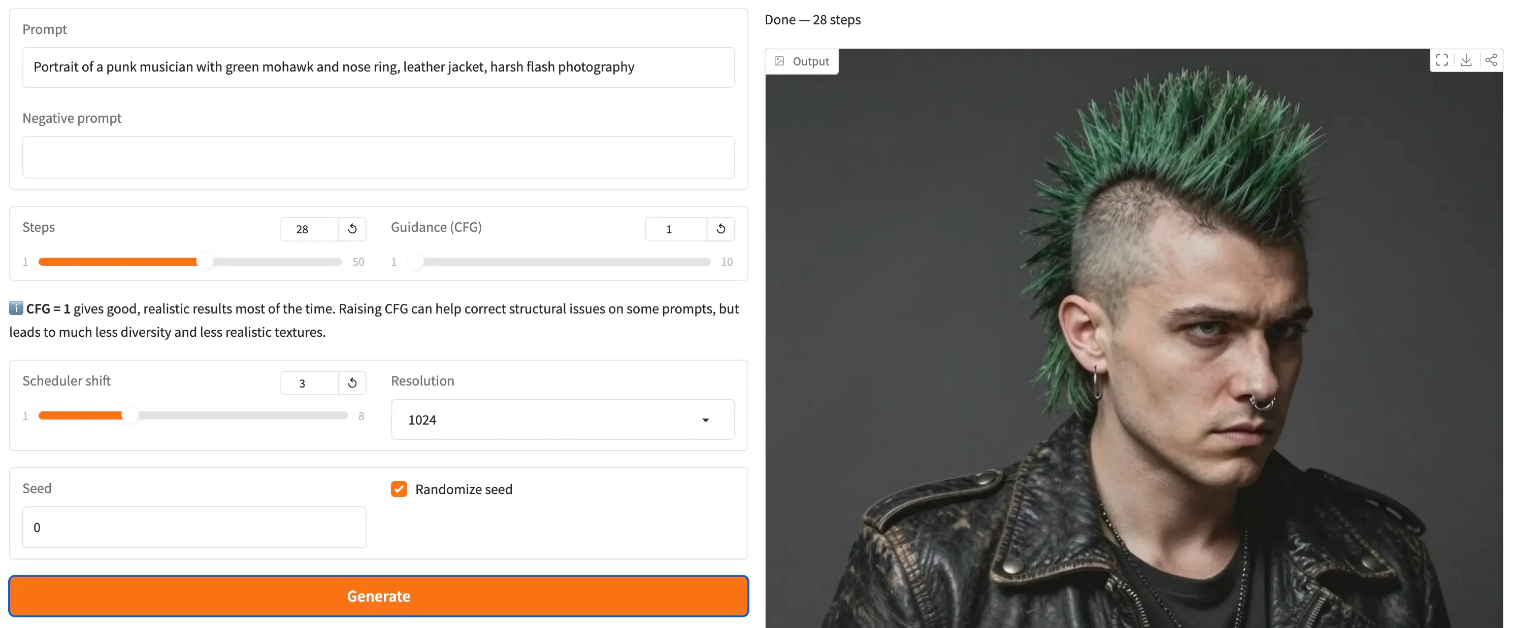 Text to image output from PRX Pixel showing a punk musician character generated from a text prompt