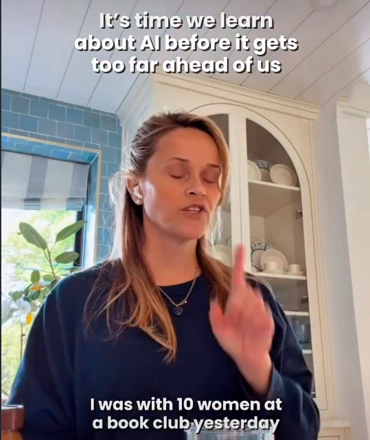 Reese Witherspoon speaking directly to camera in her April 2026 Instagram reel about AI adoption