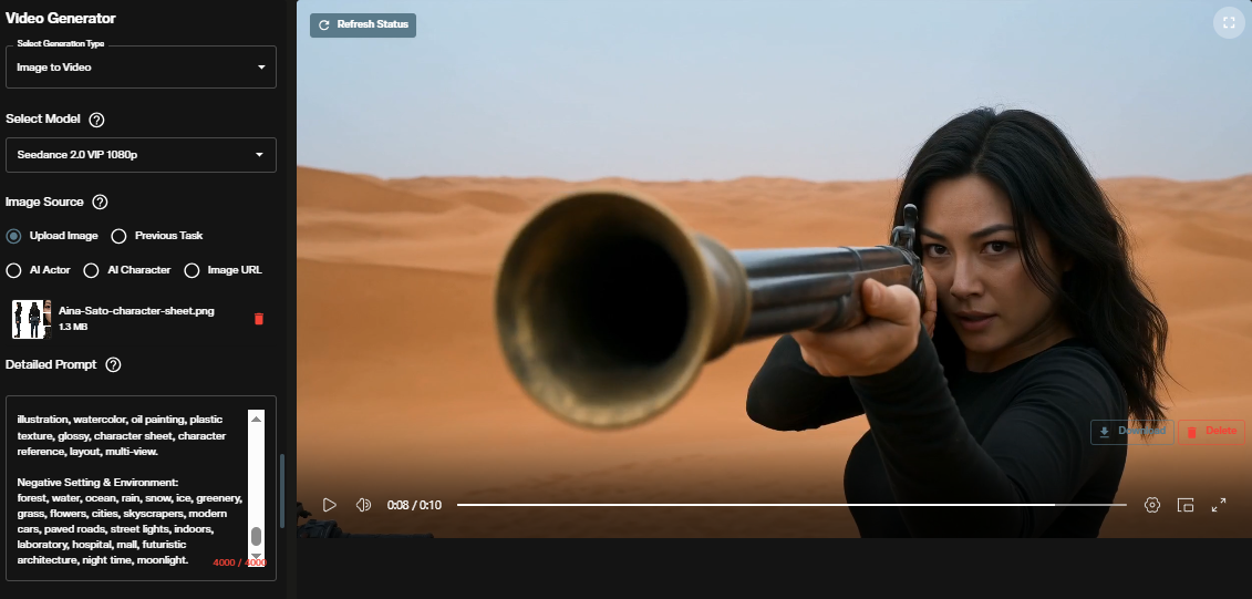 Seedance 2.0 1080 VIP image to video interface in AI FILMS Studio showing image upload and generation controls