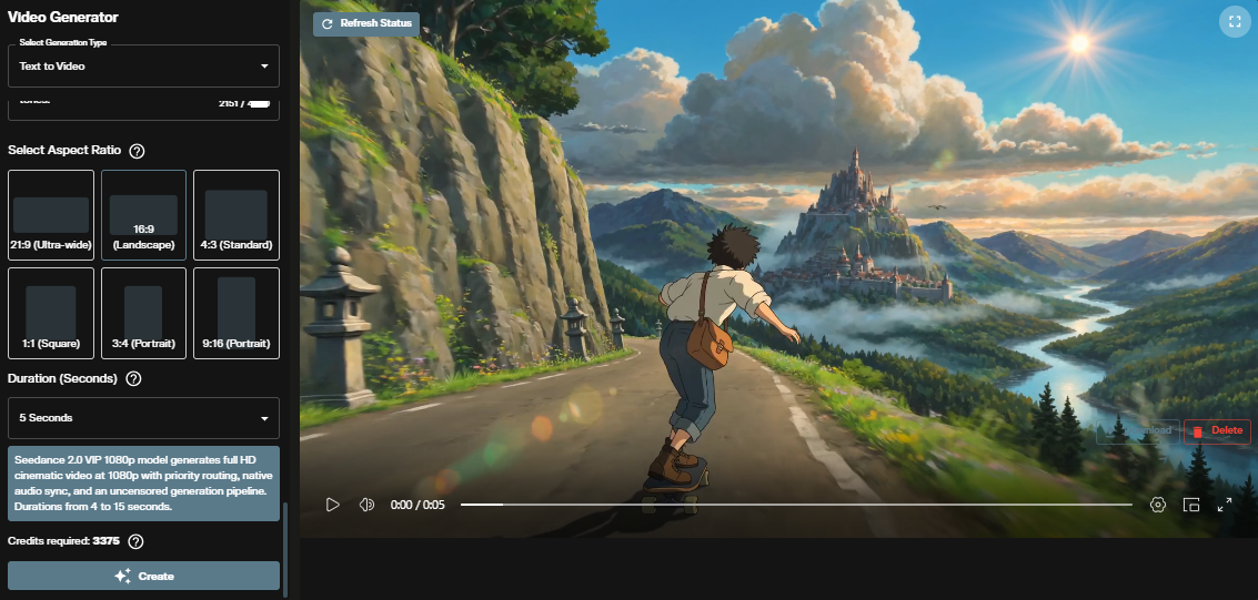 Seedance 2.0 1080 VIP text to video interface in AI FILMS Studio showing prompt, aspect ratio, and duration controls
