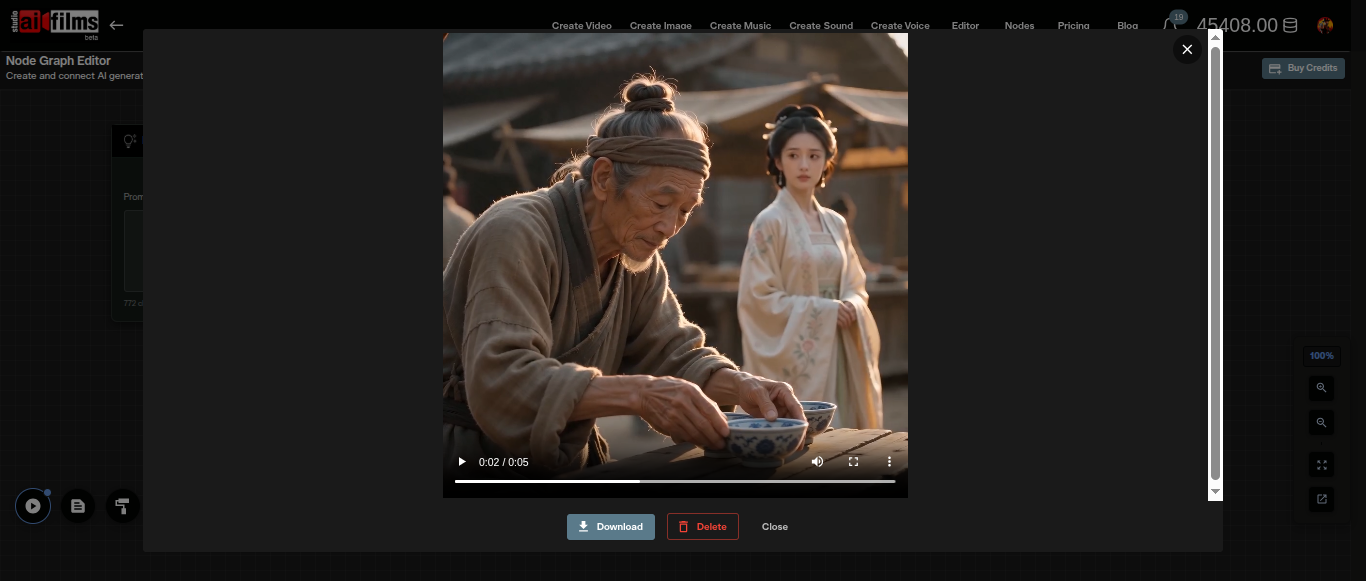Seedance 2.0 Mini node graph video output showing a completed cinematic scene in the AI FILMS Studio viewer