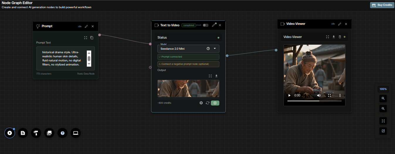 Seedance 2.0 Mini text to video node graph in AI FILMS Studio showing Prompt node connected to Text to Video node and Video Viewer