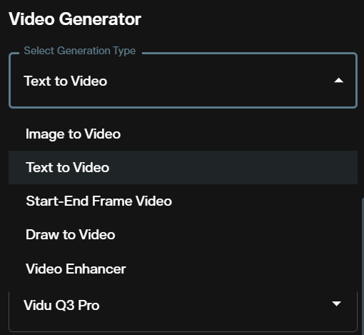 AI FILMS Studio video generator panel with generation type dropdown showing available generation modes
