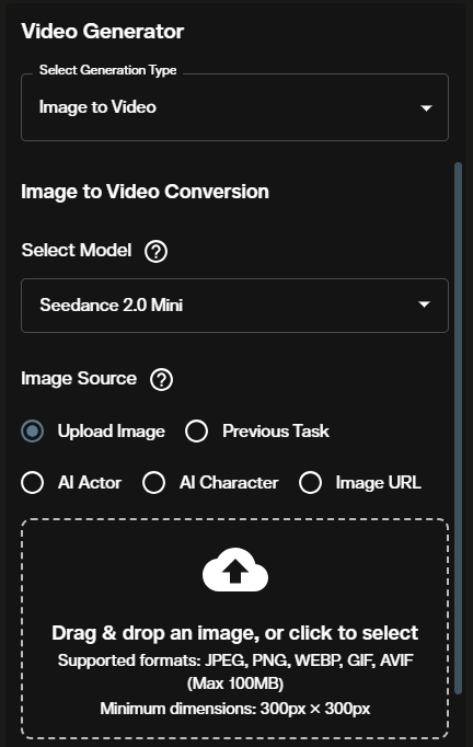Seedance 2.0 Mini image to video setup in AI FILMS Studio showing model selector and image source options including upload, AI Actor, and Image URL