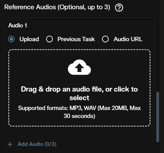 Seedance 2.0 Mini reference audios upload section in AI FILMS Studio supporting MP3 and WAV files up to 30 seconds per file