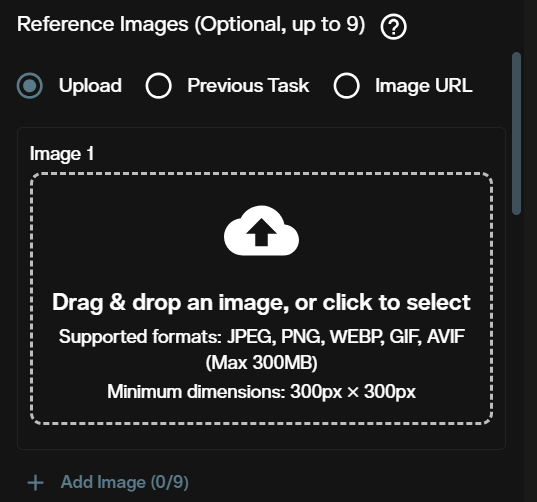 Seedance 2.0 Mini reference images section in AI FILMS Studio with upload, Previous Task, and Image URL input options