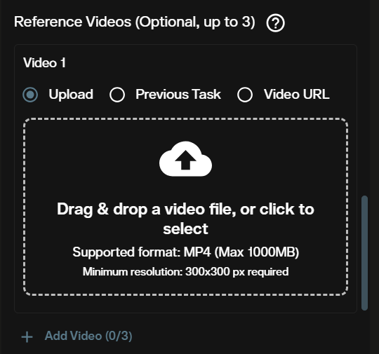Seedance 2.0 Mini reference videos upload section in AI FILMS Studio accepting MP4 files up to 1000 MB