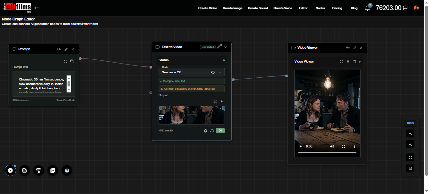 Seedance 2.0 text to video workflow in the AI FILMS Studio Nodes Graph Editor showing connected prompt and video generation nodes