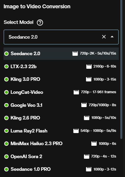 Seedance 2.0 image to video model selection showing Basic and High quality tiers