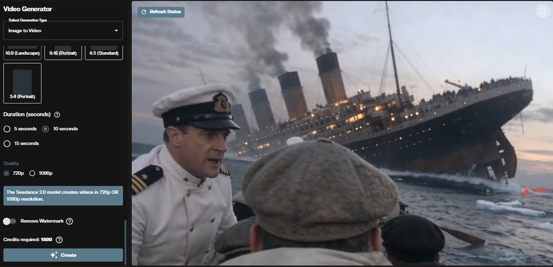 Seedance 2.0 image to video completed output showing animated video result in the workspace